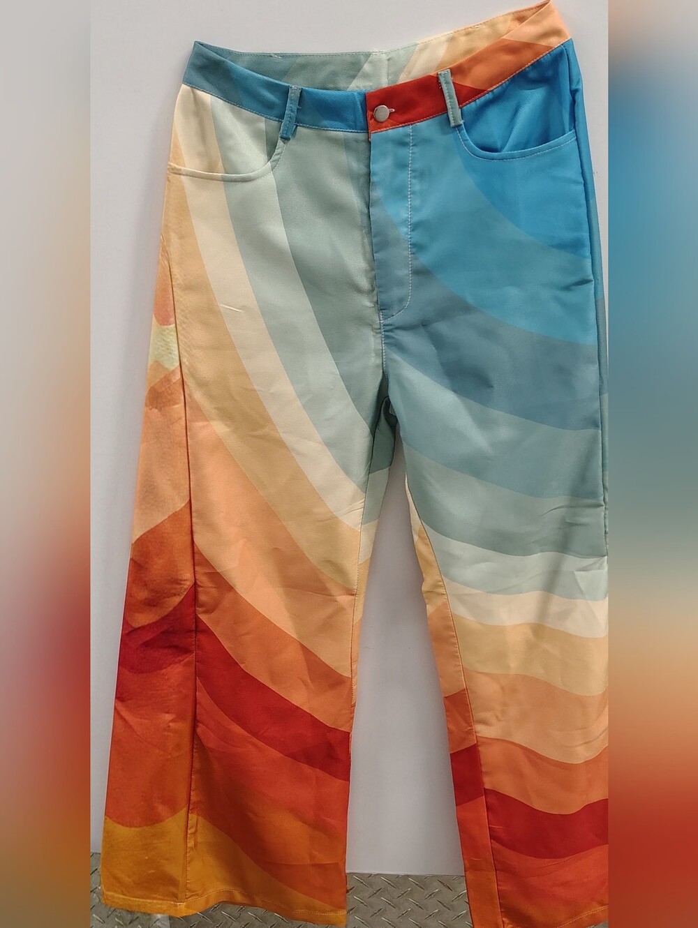 Wide-Leg High Rise Rainbow Swirl Ombre Hip Pants - Casual Wild 60's Vibe S-M